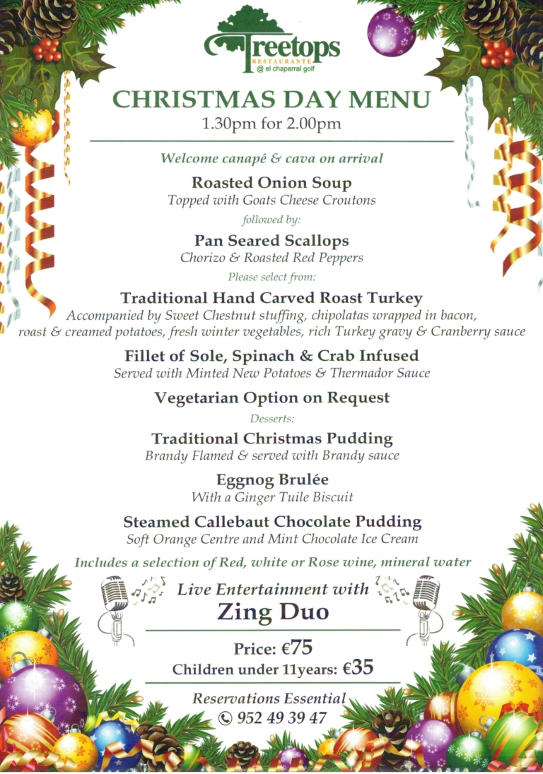 CHRISTMAS DAY MENU 2018, CHAPARRAL GOLF CLUB, MIJAS, COSTA DEL SOL